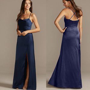 NWOT DB STUDIO Dark Navy Shiny Charmeuse Cowl Neck Slip Dress with Slit DS270091